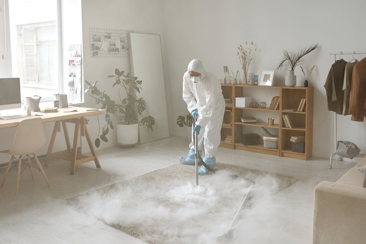 services-03 A person in protective gear disinfects a room with smoke, ensuring safety against germs.
