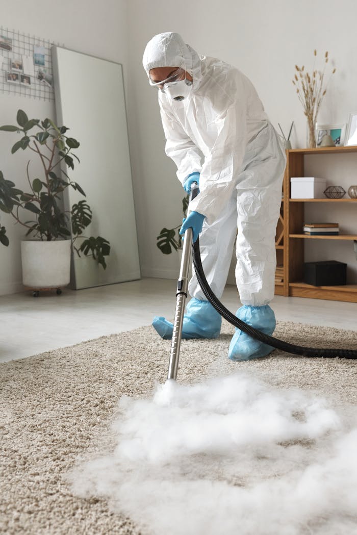 gallery-6 A person in protective gear disinfecting a carpet with a fumigation device indoors.