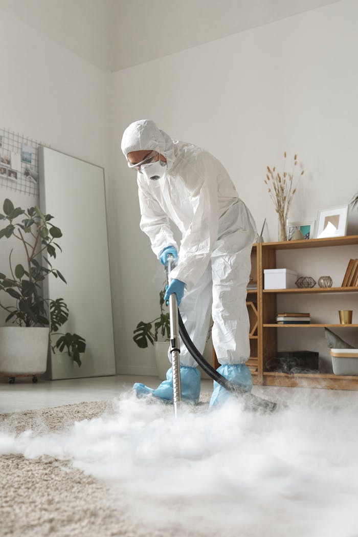 hero-img-01 A person in protective gear disinfecting a carpet in a stylish living room, ensuring safety.