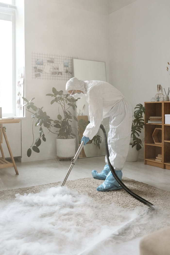 hero-img-02 A person in full protective gear disinfects a carpet in a bright indoor space.